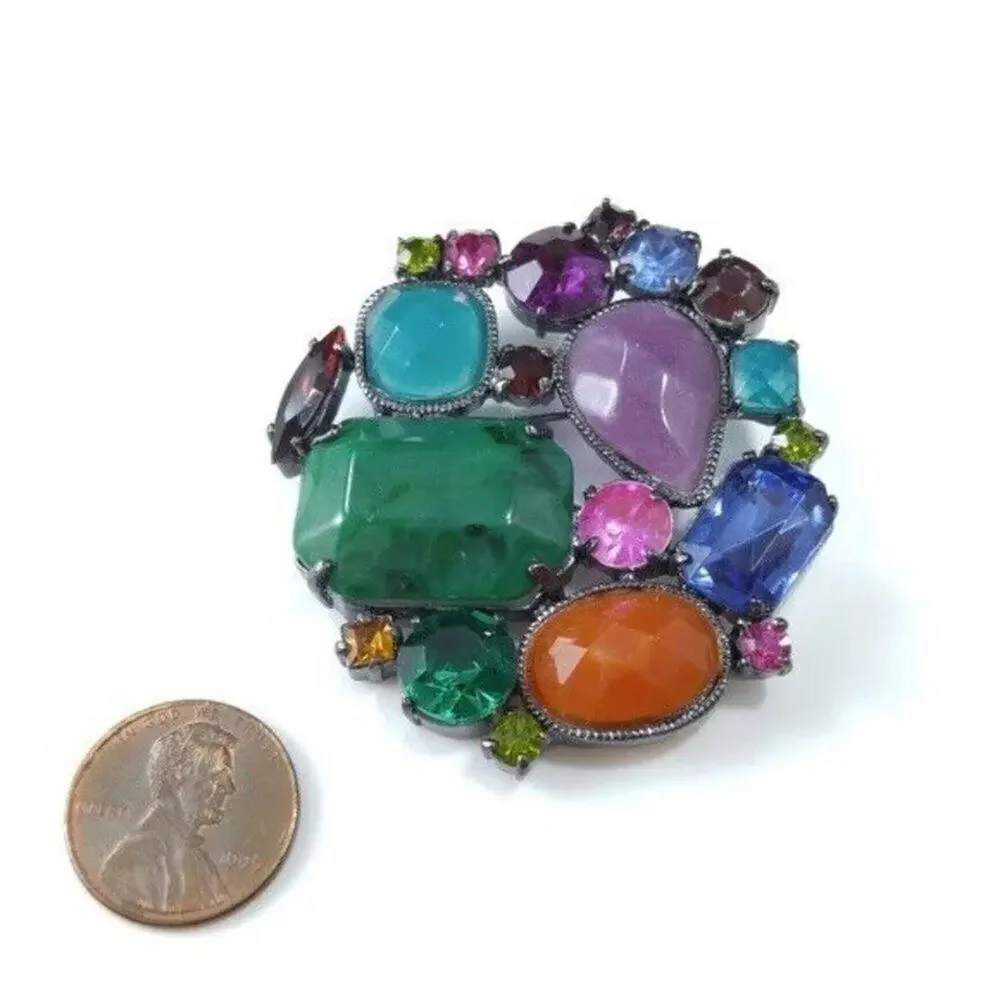 Purple Blue Green Faceted Rhinestones Jewel Colors Cabochons Brooch, 2 Inches